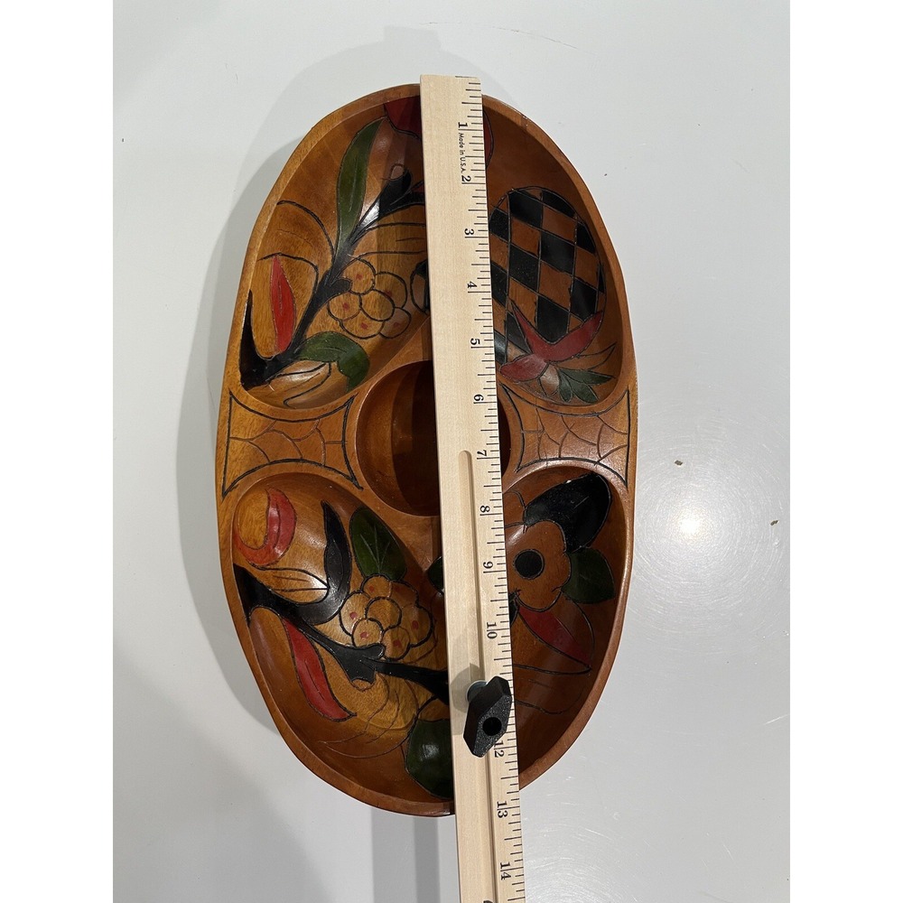 Vintage Wooden Hand Painted Carved Bowl Serve Nuts Cheese Floral 2 Sided Design - Picture 5 of 6